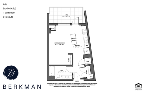Floor plan for studio, 1 bath, 548 sqft